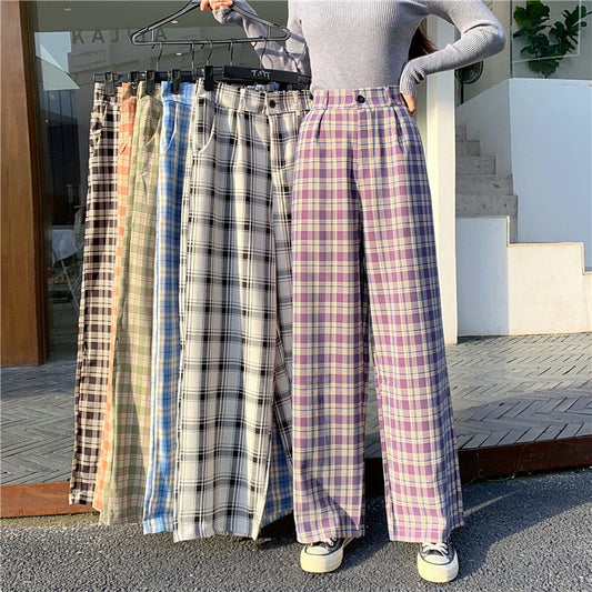 Sixsr Simple Vintage Plaid Causal Long Women Pants Street Fashion Straight Wide Leg Pant