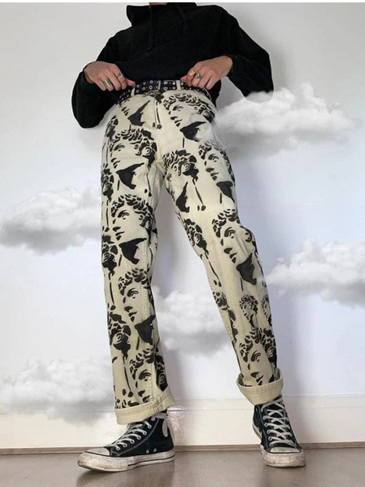 New Printed Statuary Jeans Loose Straight Men Denim Biker Casual Pants Hip Hop Man Jean Hombre Pantalon Artistic Work Size S-3XL