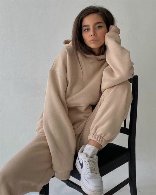 Sixsr 2 Piece Set Women Spring Autumn Tracksuit Solid Hooded Sweatshirt Top And Wide Leg Pants Suits Loose Casual Fashion Sportswear