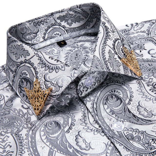 Fashion Royal Blue Paisley Men Shirts Business Casual Long Sleeve Slim Fit Dress Shirt Soft Comfort Men 100% Silk Shirt DiBanGu