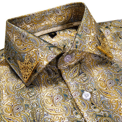 Fashion Royal Blue Paisley Men Shirts Business Casual Long Sleeve Slim Fit Dress Shirt Soft Comfort Men 100% Silk Shirt DiBanGu