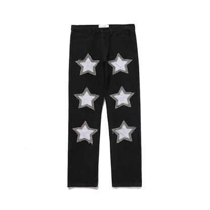Embroidery Stars Frayed Jeans Pants Men and Women Streetwear Washed Retro Casual Denim Trousers Hip Hop Casual Baggy Pants