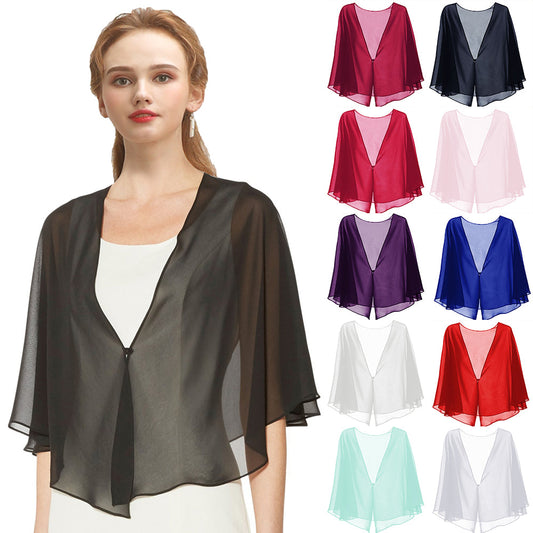 sixsr Womens Fashion Women Black Chiffon Bolero Prom Party V-neck with Button Shrug Elegant Simple Soft Casual Cape for Lady Evening Dress Red White