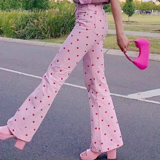 Sixsr  Y2K Pink Pants Heart Printed Sweet Trousers Vintage Aesthetic Party Pants Pockets Joggers Festival Outfits Women New