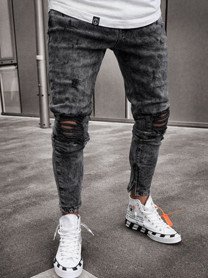 Streetwear Knee Ripped Skinny Jeans for Men Hip Hop Fashion Destroyed Hole Pants Solid Color Male Stretch Denim Trousers
