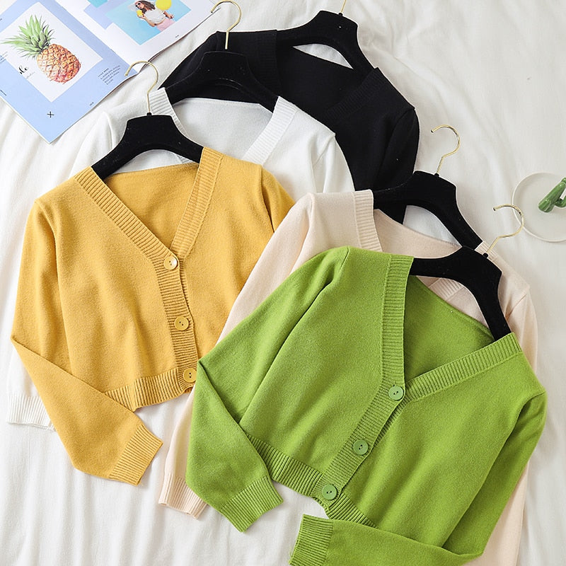 Sixsr Spring Newly Green Cropped Cardigans Women Loose Ladies Short Knitted Sweaters Long Sleeve V neck Solid Chic Streetwear