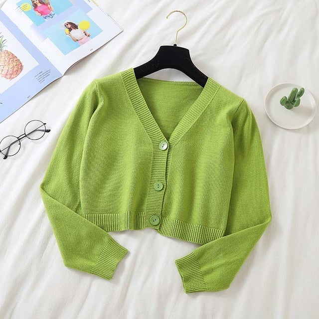 Sixsr Spring Newly Green Cropped Cardigans Women Loose Ladies Short Knitted Sweaters Long Sleeve V neck Solid Chic Streetwear