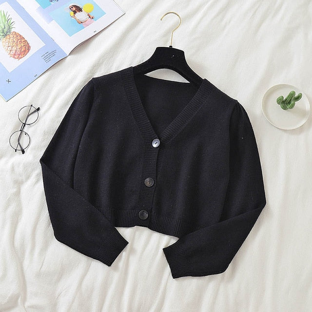 Sixsr Spring Newly Green Cropped Cardigans Women Loose Ladies Short Knitted Sweaters Long Sleeve V neck Solid Chic Streetwear
