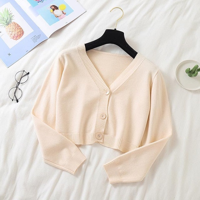 Sixsr Spring Newly Green Cropped Cardigans Women Loose Ladies Short Knitted Sweaters Long Sleeve V neck Solid Chic Streetwear