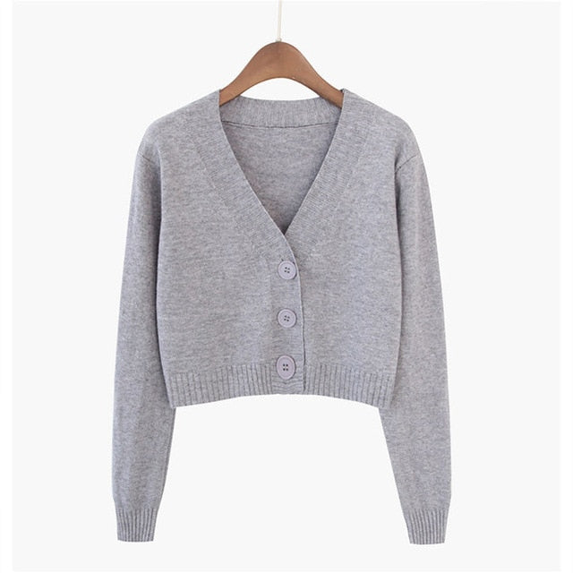 Sixsr Spring Newly Green Cropped Cardigans Women Loose Ladies Short Knitted Sweaters Long Sleeve V neck Solid Chic Streetwear