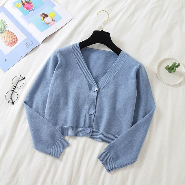 Sixsr Spring Newly Green Cropped Cardigans Women Loose Ladies Short Knitted Sweaters Long Sleeve V neck Solid Chic Streetwear