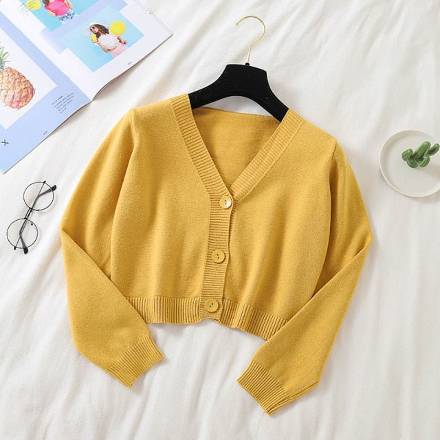 Sixsr Spring Newly Green Cropped Cardigans Women Loose Ladies Short Knitted Sweaters Long Sleeve V neck Solid Chic Streetwear
