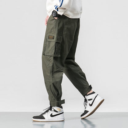 Cotton Men Multi-pocket Elastic Waist Design Harem Pant Street Punk Hip Hop Red Casual Trousers Joggers Male Army Cargo Pants