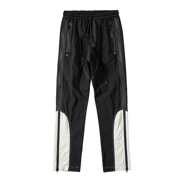 Korean Hgh Street Color Block Side Zipper Cargo Pants Mens Drawstring Straight Loose Casual Track Pants Hip Hop Baggy Trousers