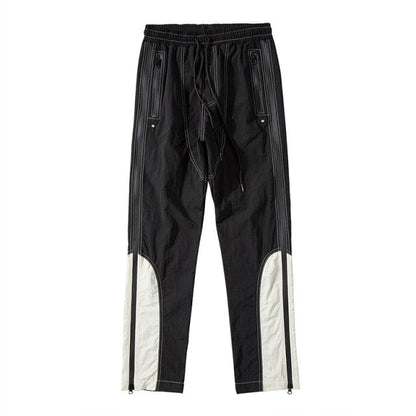 Korean Hgh Street Color Block Side Zipper Cargo Pants Mens Drawstring Straight Loose Casual Track Pants Hip Hop Baggy Trousers