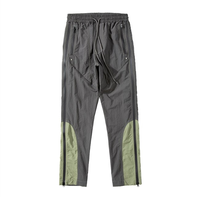Korean Hgh Street Color Block Side Zipper Cargo Pants Mens Drawstring Straight Loose Casual Track Pants Hip Hop Baggy Trousers