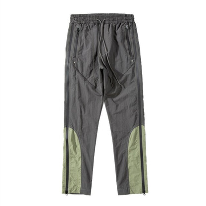 Korean Hgh Street Color Block Side Zipper Cargo Pants Mens Drawstring Straight Loose Casual Track Pants Hip Hop Baggy Trousers