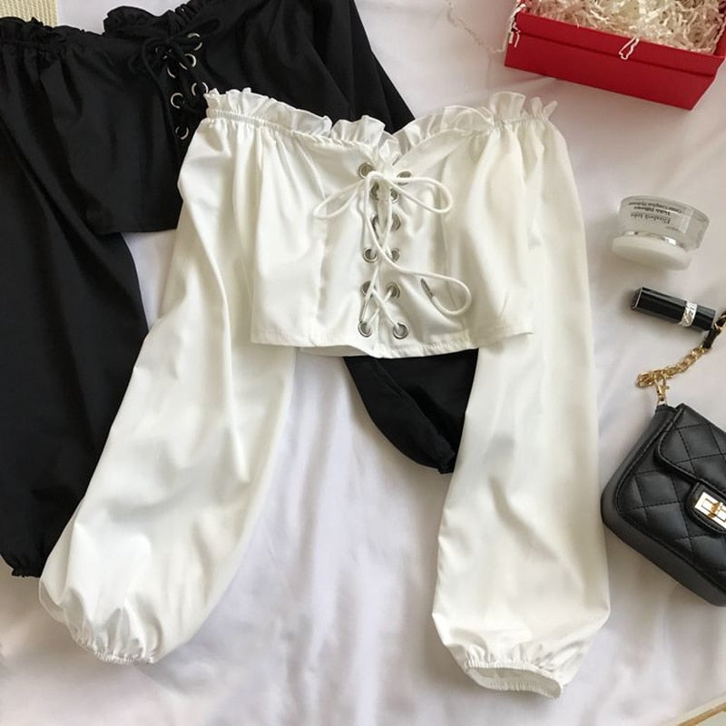 Sixsr Womens Off Shoulder Top Long Sleeve Ruffle Vintage Blouse With Puff Sleeves Lace Up Ladies Tops Bandage Crop Tops Black White