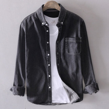 Men's long-sleeved solid denim shirt fashion brand Classic retro denim Pocket decoration Business shirt Spring and Autumn Tops