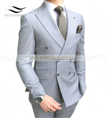 Double Breasted Peak Lapel Gentleman Grey Blazer Two Pieces Mens Suit with Pants Formal Silver Jacket For Wedding Groom Tuxedos