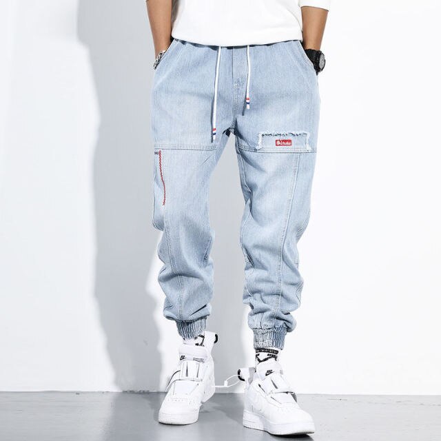 Autumn Ripped Jeans Male Loose L Korean Ankle Banded Jeans Capri-Pants Blue Harem Pants Mens Jeans Vintage Ripped Jeans for Men