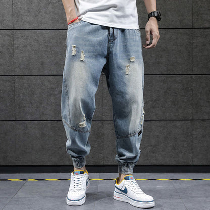 Autumn Ripped Jeans Male Loose L Korean Ankle Banded Jeans Capri-Pants Blue Harem Pants Mens Jeans Vintage Ripped Jeans for Men