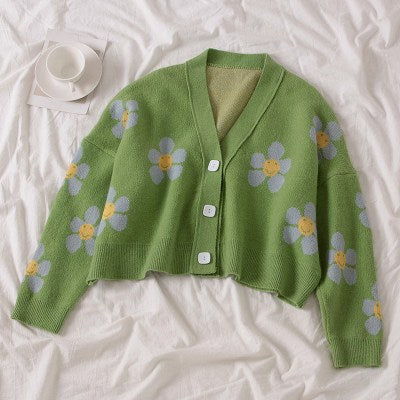 Sixsr Spring College Style Flower Print Knitted Doat Loose Retro V-neck Cute Light Green Sweater Cardigan Blouse Short Section