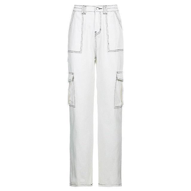 Sixsr Weekeep Pockets Patchwork Baggy Jeans Fashion Streetwear 100% Cotton Women Denim Trouser Loose Cargo Pants Korean Jeans Harajuku