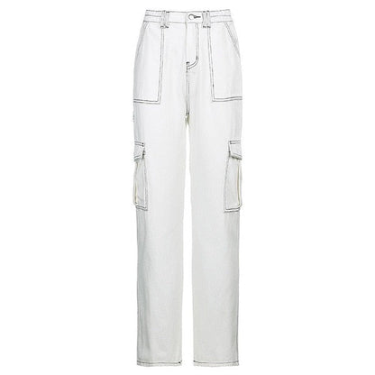 Sixsr Weekeep Pockets Patchwork Baggy Jeans Fashion Streetwear 100% Cotton Women Denim Trouser Loose Cargo Pants Korean Jeans Harajuku