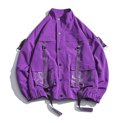 Streetwear Hip Hop Military Jacket Men Spring Solid Bomber Jacket Coat Men 2024 Ribbons Windbreaker Casual Cargo Workout Coat
