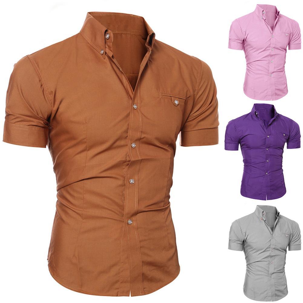 Sixsr New Men's Casual Shirt Fashion Men Solid Color Buttons Down Shirt Short Sleeve Slim Lapel Tops