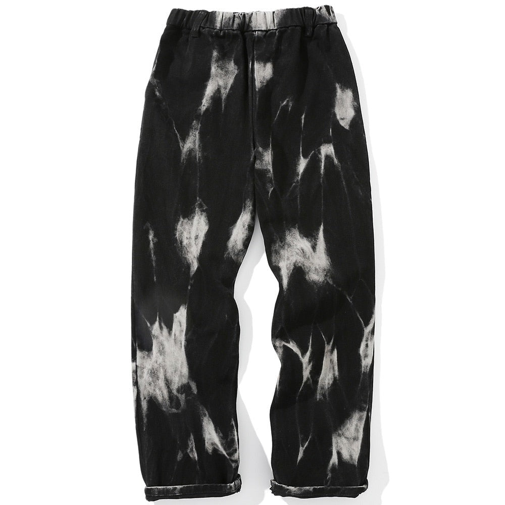 Aolamegs Jeans Men Tie Dye Print Diablo Style Denim Pants Baggy Elastic Waist Straight Trousers High Street Punk Cool Streetwear