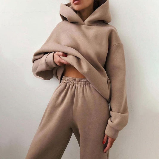 Sixsr Women Elegant Solid Sets For Women Warm Hoodie Sweatshirts And Long Pant Fashion Two Piece Sets Ladies Lace Up Sweatshirt Suits