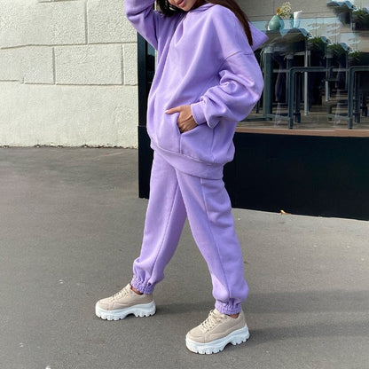 Sixsr Women Elegant Solid Sets For Women Warm Hoodie Sweatshirts And Long Pant Fashion Two Piece Sets Ladies Lace Up Sweatshirt Suits