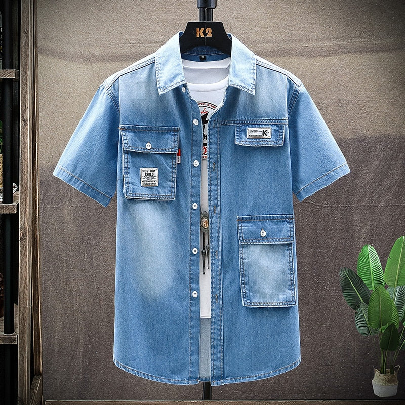 Denim Shirt Men Cotton Jeans Shirt Fashion summer Slim  Short Sleeve Cowboy Shirt Stylish Wash Slim Tops Asian Multiple pockets