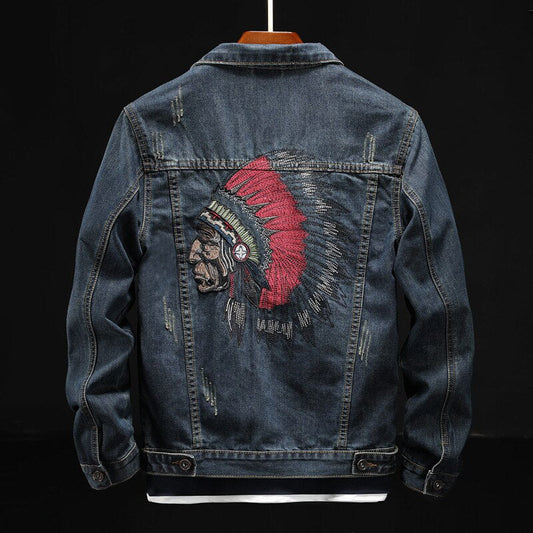 Prowow 2024 Fashion Streetwear Men Jacket Retro Blue Indian Chief Embroidery Denim Jackets Men Size M-6XL Hip Hop Punk Coats
