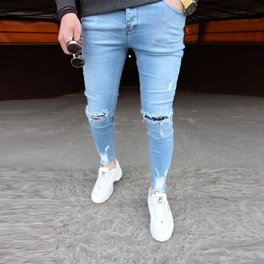 Mens Solid Color Jeans 2024 New Fashion Slim Pencil Pants Sexy Casual Hole Ripped Design Streetwear