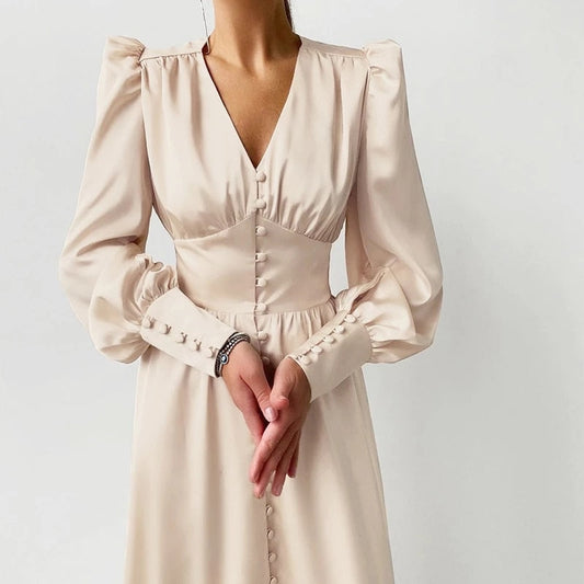 sixsr Satin Prom Women's Long Dress For Party Lantern Sleeve A-Line High Waist Slim Elegant Dresses Clothes New Year Ball Evening