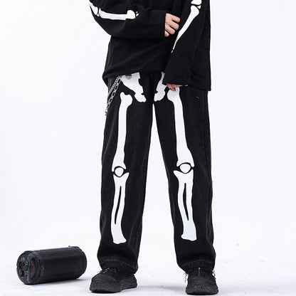 Reflective Skeleton Print Black Jeans for Men 2024 Fashion Trend Straight Leg Hip Hop Denim Pants Teens Baggy Streetwear Clothes