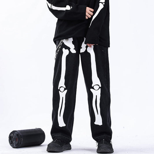 Reflective Skeleton Print Black Jeans for Men 2024 Fashion Trend Straight Leg Hip Hop Denim Pants Teens Baggy Streetwear Clothes