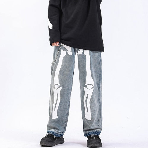 Reflective Skeleton Print Black Jeans for Men 2024 Fashion Trend Straight Leg Hip Hop Denim Pants Teens Baggy Streetwear Clothes
