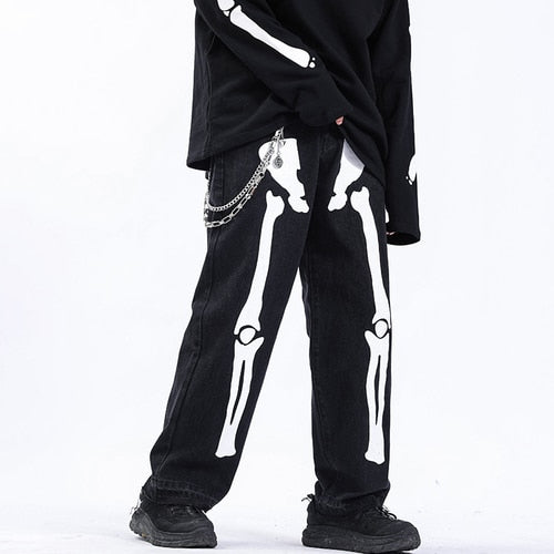 Reflective Skeleton Print Black Jeans for Men 2024 Fashion Trend Straight Leg Hip Hop Denim Pants Teens Baggy Streetwear Clothes
