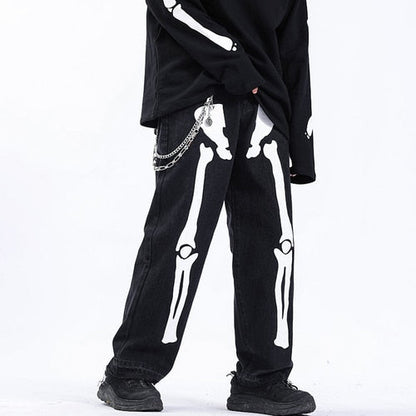Reflective Skeleton Print Black Jeans for Men 2024 Fashion Trend Straight Leg Hip Hop Denim Pants Teens Baggy Streetwear Clothes