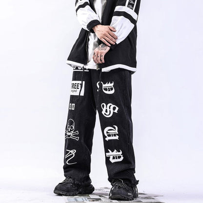 Reflective Skeleton Print Black Jeans for Men 2024 Fashion Trend Straight Leg Hip Hop Denim Pants Teens Baggy Streetwear Clothes