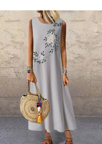 Sixsr Sundress Women Summer Dress Printing Sexy Dress Midi Plus Size Casual Linen Loose Sleeveless printed Long Maxi Dress
