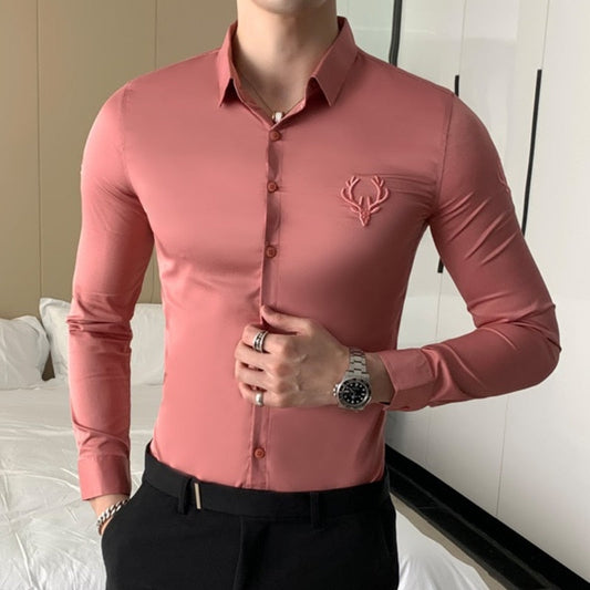 Solid Simple Mens Casual Shirt Slim Fit Business Formal Wear Deer Head Embroidery Shirt Men Brand New 2024 Long Sleeve Men Shirt