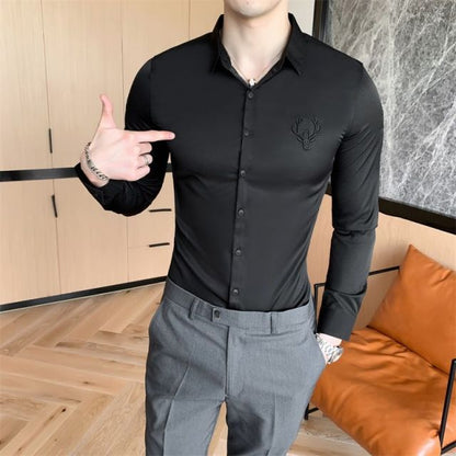 Solid Simple Mens Casual Shirt Slim Fit Business Formal Wear Deer Head Embroidery Shirt Men Brand New 2024 Long Sleeve Men Shirt