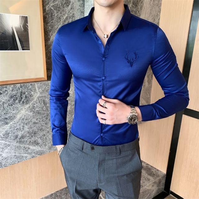 Solid Simple Mens Casual Shirt Slim Fit Business Formal Wear Deer Head Embroidery Shirt Men Brand New 2024 Long Sleeve Men Shirt