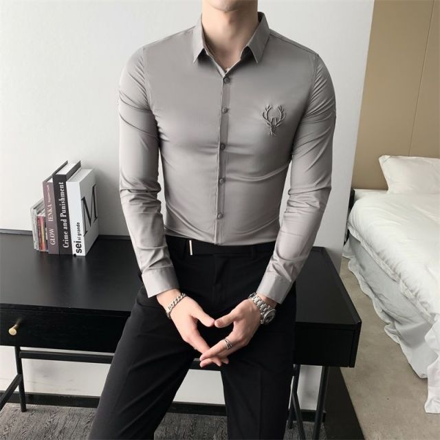 Solid Simple Mens Casual Shirt Slim Fit Business Formal Wear Deer Head Embroidery Shirt Men Brand New 2024 Long Sleeve Men Shirt