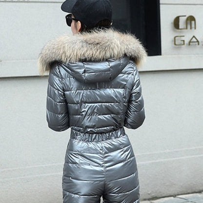 Sixsr One Piece Ski Suit Women Jackets Winter Hooded Parka Jumpsuit Women Cotton bodysuit Sashes Jumpsuits Zipper Overalls Tracksuits